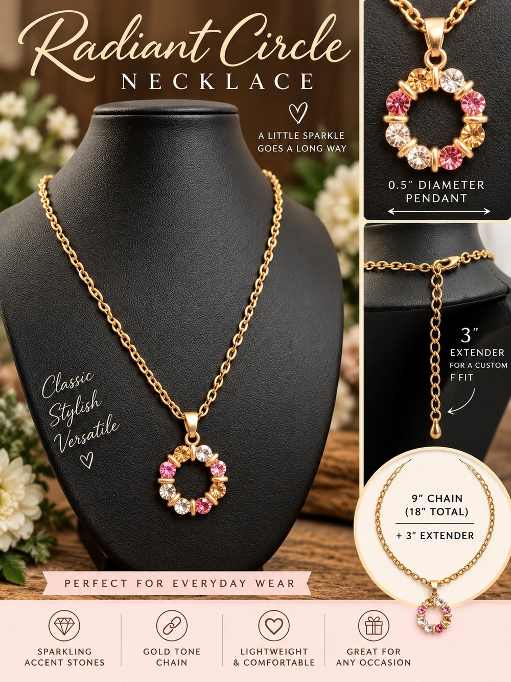 A106. Radiant Circle Necklace Rhinestone Set Gold & Pink New